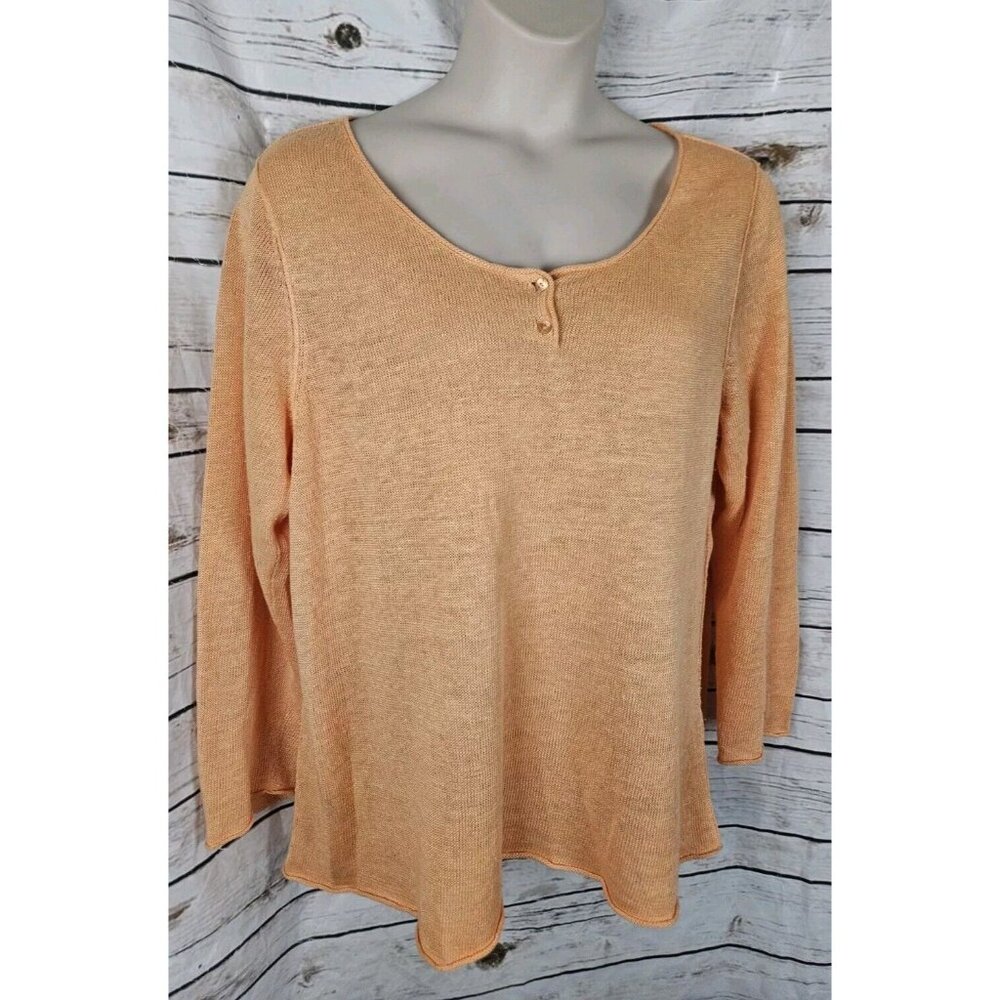 Eileen Fisher Orange Sherbet Sweater Top 100% Linen Beachy Henley Long Sleeves - Picture 2 of 7
